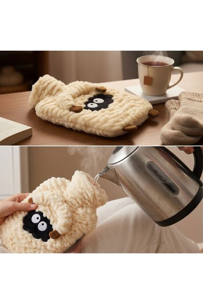 sonx Plush Hot Water Bag with Kuzucuk Figure, 1 Liter, Cream Color with Soft Cover