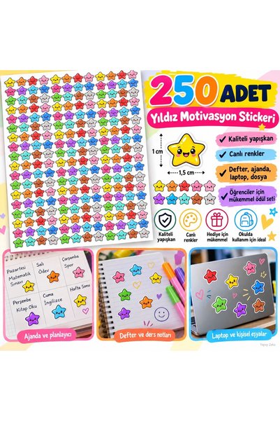 250 Adet Öğrenci Ödül Yıldızları | Motivasyon & Başarı Sticker – A4 Premium | Yıldız etiketi