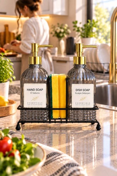 ANGDESİGN Bodrum 2-Piece Soap Dispenser Set Smoked-New with Stand | |   Luxury Glass Soap Dispenser with Metal Stand, Detergent Dispenser, Hand and Dishwashing Set, Kitchen Countertop and Sink Organizer, Glass Liquid Soap Dispenser, Sponge Holder