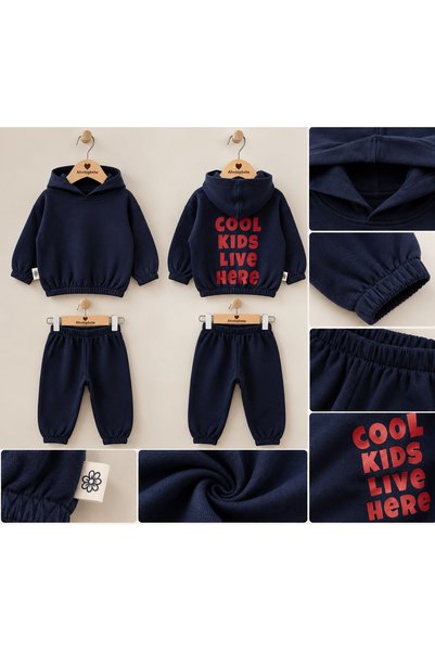 altıntop bebe Unisex Baby 100% Cotton Navy Blue Elastic Cuffed Hooded Back Printed Tracksuit Set