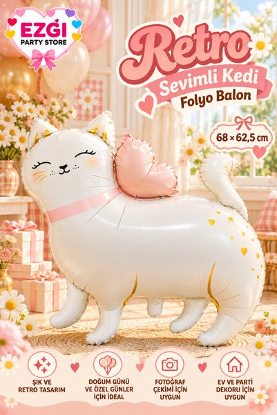 Ezgi Party Store Retro Kedi Folyo Balon 68 x 62,5 cm Sevimli Kedi Doğum Günü ...