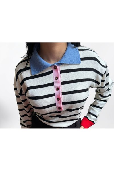 Solvea Yakalı - Çizgili Kadın Pamuklu Sweatshirt