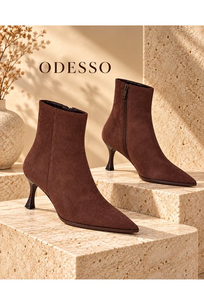 ODESSO Women's Suede Pointed Toe Thin Goblet Heeled Zippered Boots Short Ankle Stylish Heeled Boots (Brown-Black-Beige)