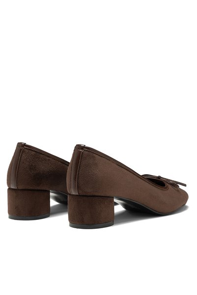 livendi Bella Women's Brown Suede Bow Detailed Round Toe 5.5 cm Short Thick Heeled Shoes