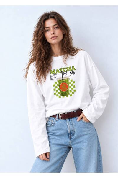 LOVES AGAZA %100 Pamuk Oversize Fit Sweet Matcha Baskılı - Bisiklet Yaka Uzun Kollu T-shirt