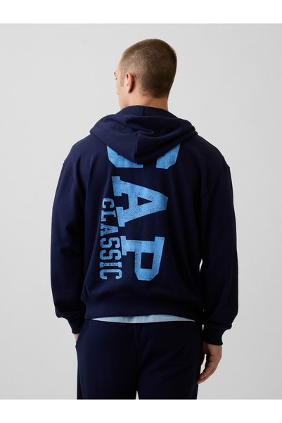 GAP Erkek Lacivert Relaxed Logo Fransız Havlu Kumaş Fermuarlı Sweatshirt