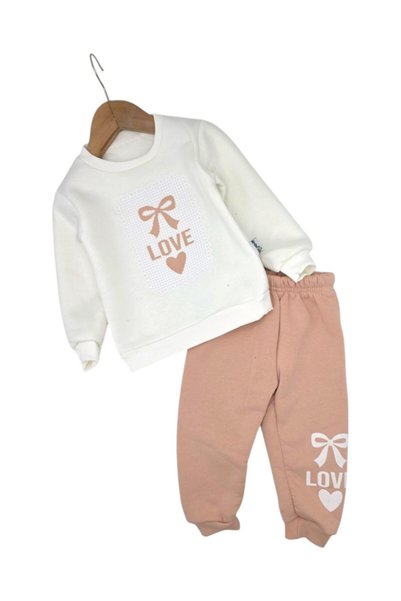 voyyo kids baby Girl's Love Printed 1-2-3-4 Years Old Winter 3 Threaded Rastered 2-Piece Top and Bottom Tracksuit Set
