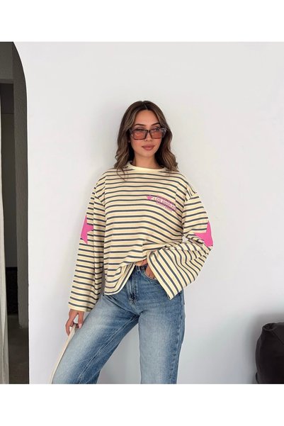 GM Butikk Kadın Sarı Çizgili Yıldız Detaylı Sweat
