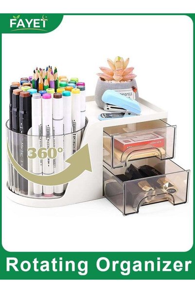 Generic FAYET 360° Rotating Desk Organizer with 2 Drawers, 6-Compartment Pen ...