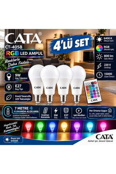 Cata Uzaktan Kumandalı Rgb (Renk Değiştiren) Led Ampul - 4'LÜ SET