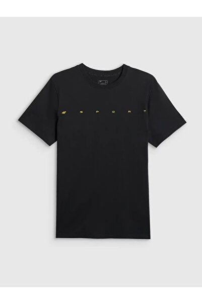 4F Tricou bărbătesc 100% bumbac cu imprimeu frontal, croială regulară, negru ...