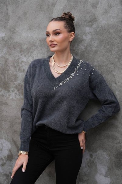 RUBYSSTORE Kadın V Yaka İnci Taş İşlemeli Angora Sakal Premium Kazak Yumoş Do...