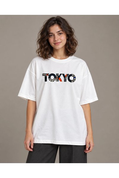 CANMODA Tricou unisex cu imprimeu tipografic Tokyo alb