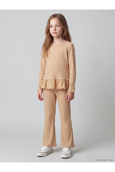 LC Waikiki Lcw Kids Brown Scallop Detailed Embroidered Girls' Set