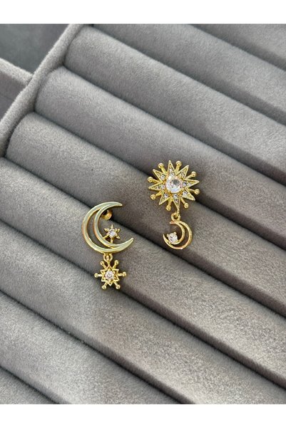 MODA Gold Color Zircon Stone Detailed Moon and Sun Figured Charm Dangle Earrings