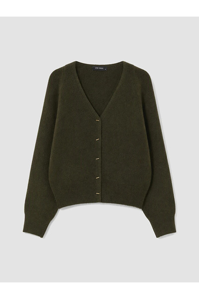 LC Waikiki Khaki v-neck women's knit cardigan
