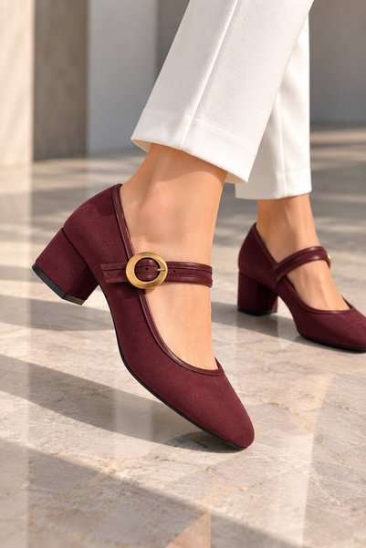 livendi Aura Women's Burgundy Round Buckle Round Toe 4 cm Thick Heeled Shoes