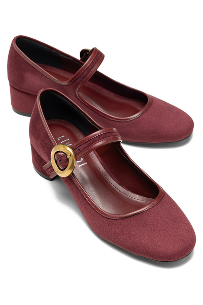 livendi Aura Women's Burgundy Round Buckle Round Toe 4 cm Thick Heeled Shoes
