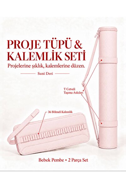 hobi market art Suni Deri Proje Tüpü SOFT PEMBE 10x75 cm ve Rulo Kalemlik (T ...