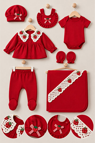 My Babies Label Baby Girl Strawberry and Lace Detailed 7-Piece 100% Cotton Se...