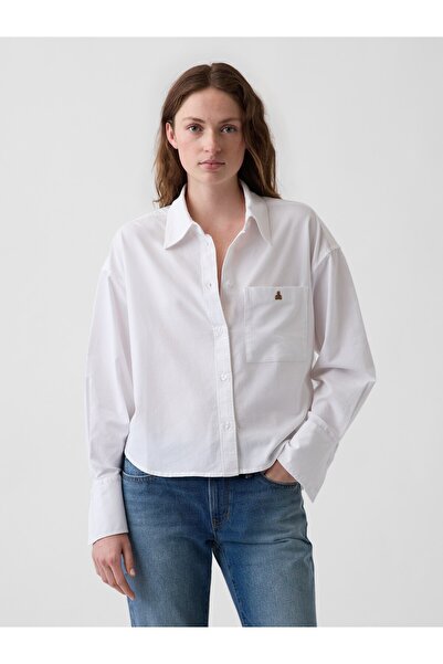 GAP Kadın Beyaz Organik Pamuk Oversized Crop Oxford Gömlek