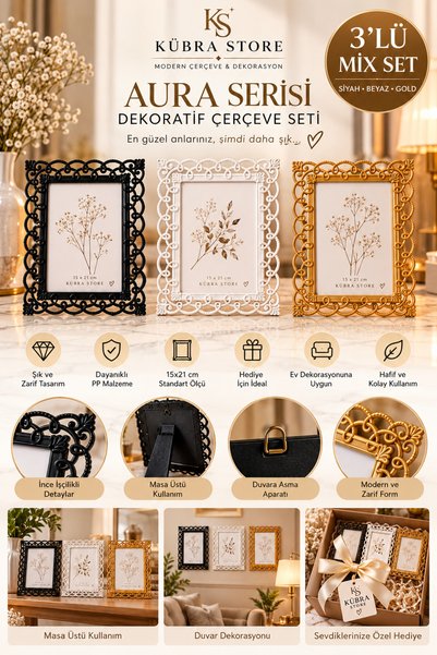 KübraStore Aura Mix 3'lü Dekoratif Fotoğraf Çerçevesi Seti 15x21 cm Siyah Bey...
