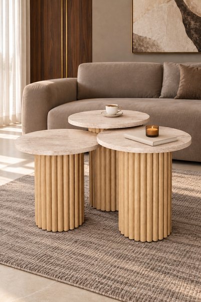 Soyasis Livia Bohem 3’lü Zigon Sehpa – Yuvarlak Tabla, Çıtalı Silindir Ayak, Ø40 cm, 50/47/44 cm