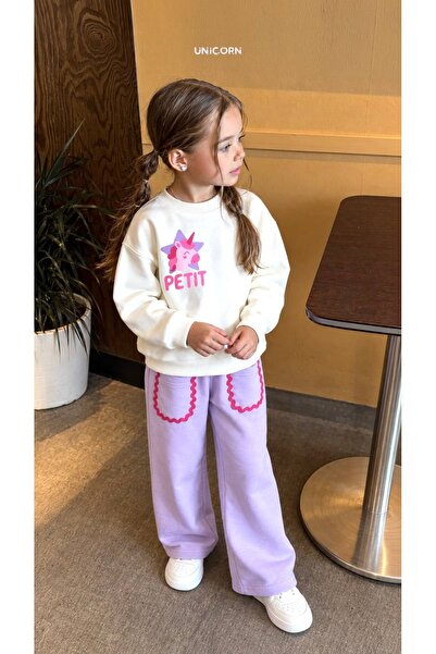 tiny lily Unicorn Baskılı Beyaz Sweatshirt Lila Pantolon Kız Eşofman Takımı