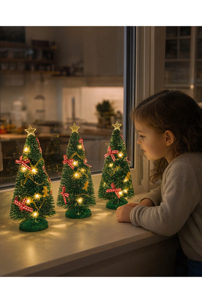 OEM Set 3 brăduți decorativi cu LED, cu fundițe, pe baterii, Verde cu fundițe...