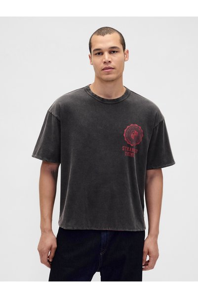GAP Erkek Koyu Gri Stranger Things Yetişkin Tersine Çevirilebilir Grafik T-Shirt