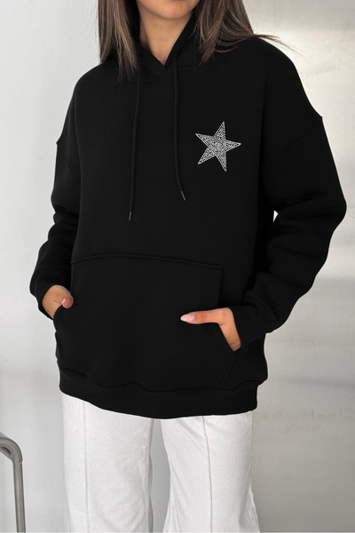 gozdefashion Women's Star Detailed Hooded Sweatshirt