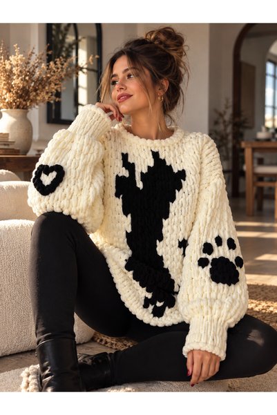 Zuviel Deco Handmade Zuviel Deco Special Design Pixel Art Collection Handmade Black Cat Pattern Oversize Puffy Chunky Sweater