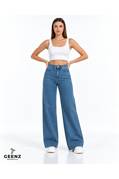 geenz manifacture İ35 Palazzo Jeans Medium Blue Lycra Super High Waist Wide L...