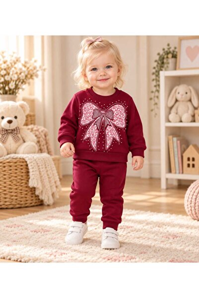 krm kerem bebe Baby Girl Cotton Bow Printed 2 Threaded Top and Bottom Two-Pie...