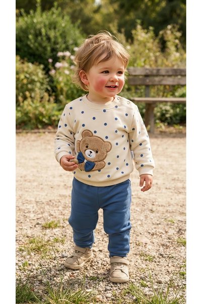 Mini Kalpler Plush Teddy Bear Appliqué Polka Dot Tracksuit Set Casual Set