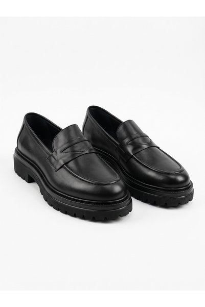 Buteks Erkek Siyah Hakiki Deri Kalın Tabanlı Penny Loafer Klasik Ayakkabı - C...