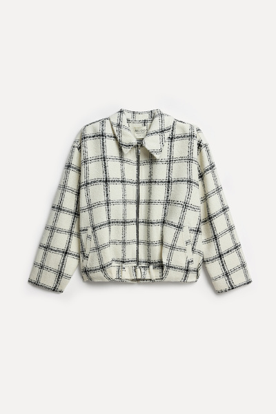 Mudo Women's Off-White Plaid Oversized Bomber Jacket