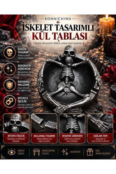 FG KONNİCHİWA Pepeljara sa dizajnom skeleta | Dekorativna pepeljara sa gotičk...