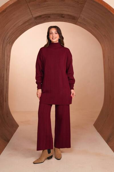 Balenbi Women's Vertical Ribbed High Collar 2-Piece Hijab Knitwear Set 8615