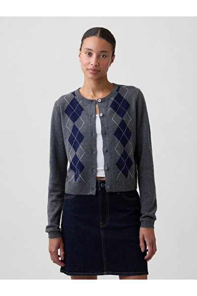 GAP Kadın Gri CashSoft Crop Bisiklet Yaka Hırka