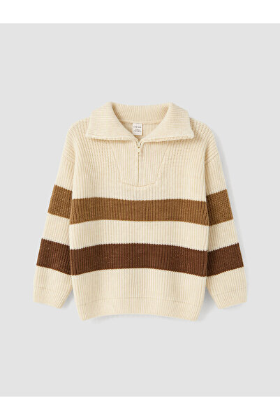 LC Waikiki Lcw Kids Beige Knitwear Striped Polo Collar Boys' Sweater with Nev...