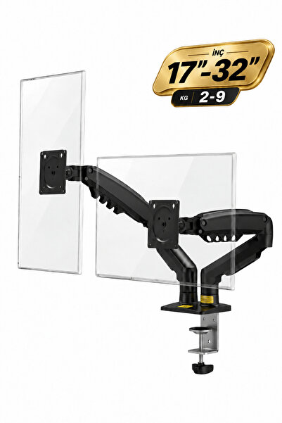 17-32 İnç Amortisörlü Çift Kollu Monitör Kolu Tam Hareketli VESA Uyumlu Masa Kelepçeli Monitör Standı (2-9 kg) - Siyah