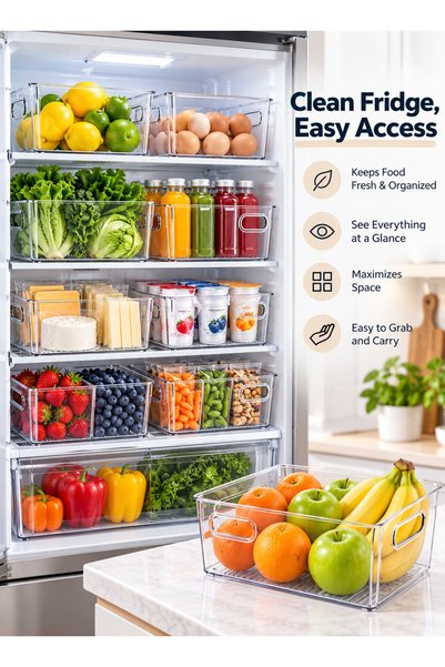 Generic Clear Fridge Storage Bins, 8-Piece Refrigerator Organizer Set with Handles for the Kitchen and Pantry