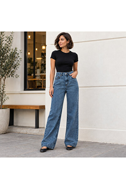 varioshop ®   Blugi largi de damă, talie medie, 100% bumbac, buzunare, închid...