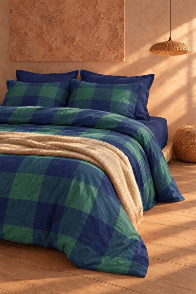 Sunflora Lacivert Yeşil Kareli Nevresim Takımı King Size Lastikli Çarşaflı %100 Pamuk 220x240, 180x200x30