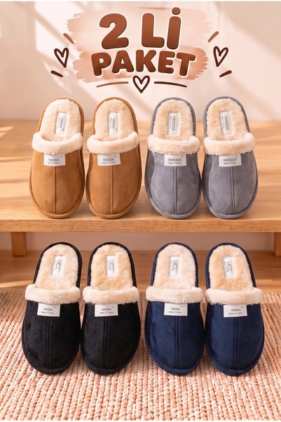 N MODA 2'li Karma Erkek Kadın Avantajlı Paket Peluş Ev Terliği Kapalı Burun Arkası Açık Sıcak Rahat Panduf
