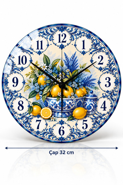 Decorita Cam Duvar Saati | Mavi Çini Tabağı Limon Desenli | Çap 32