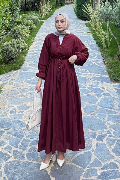 lamelif Nervürlü Vual Tesettür Elbise Mürdüm