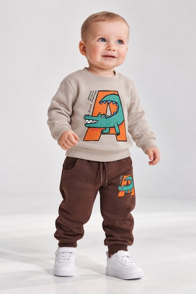 Joi Kids Baby Boy Crocodile Print 2-Piece Tracksuit Set – Ribbed Crew Neck Sw...