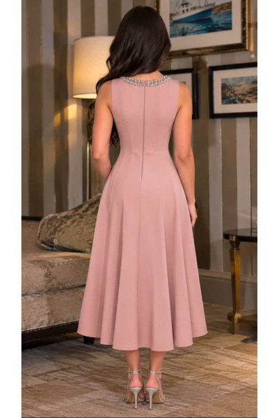 BAKLAFASHO Sleeveless Pearl-Embellished Collar Flared Skirt Midi Evening Dress - Pink